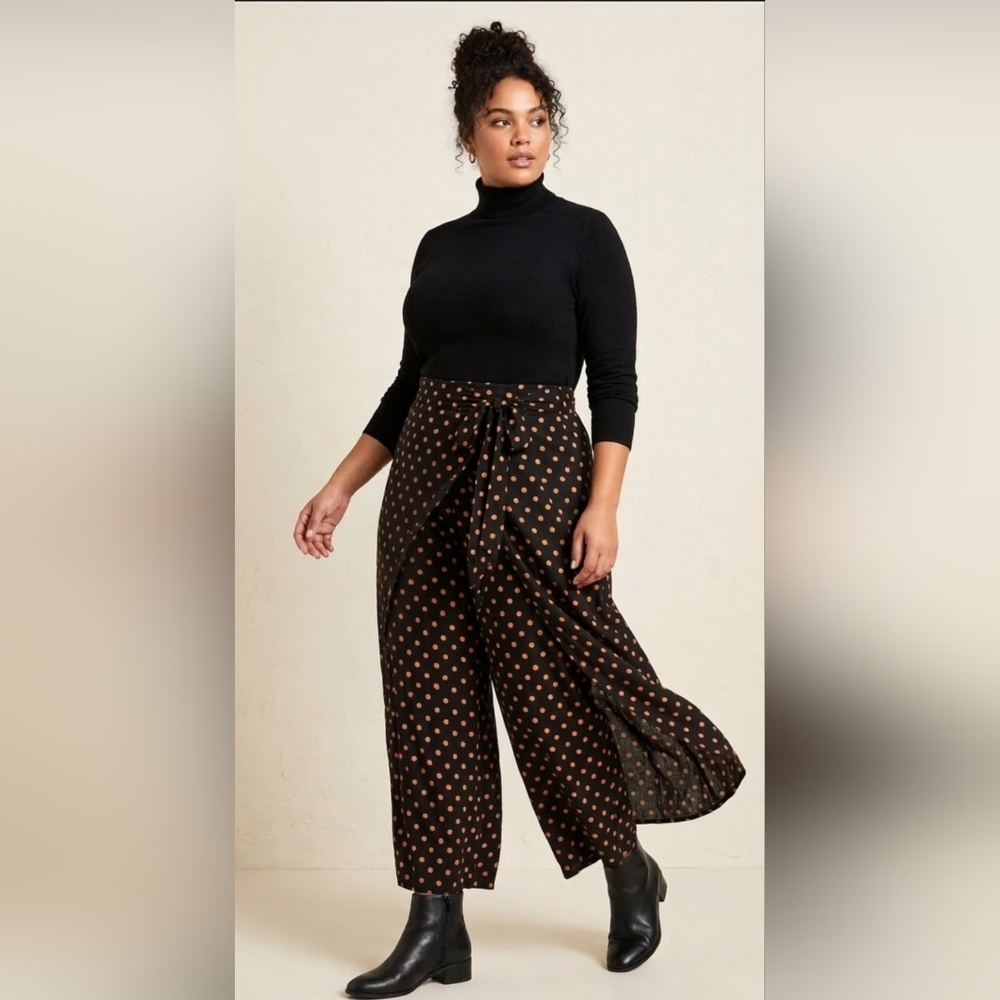City Chic Sz 14 Black Orange Polka Dot Wrap Around Leg Skirt Pants "Skant"